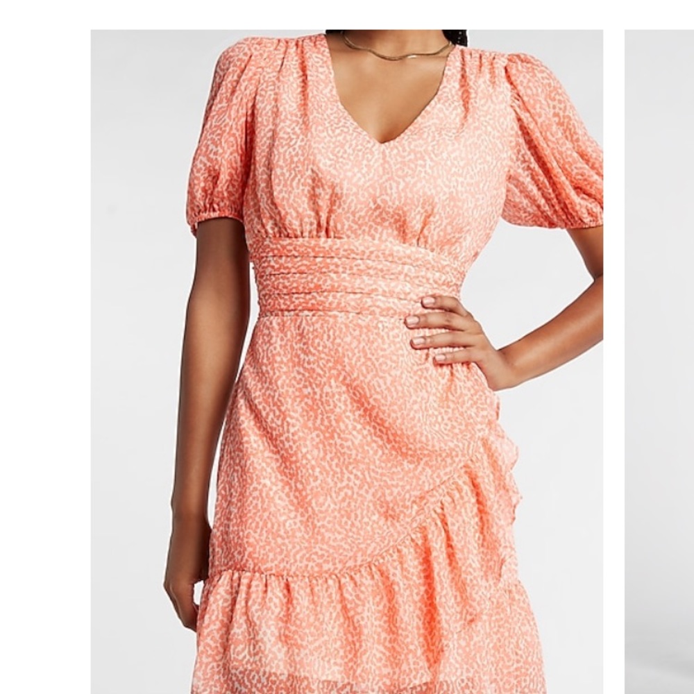 Express printed ruffle wrap puff sleeve dress
